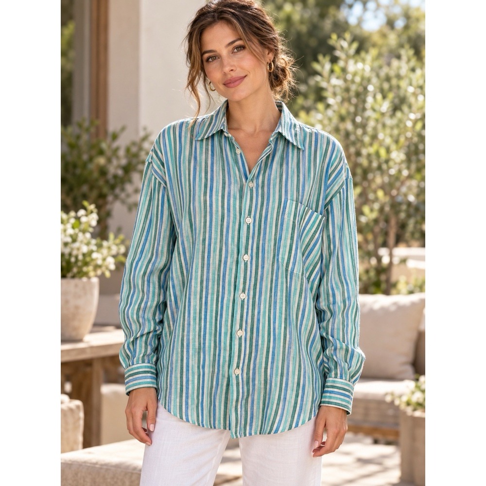 Puro Lino Shirt Womens L 100% Linen Blue Green Striped Button Up Italy Coastal